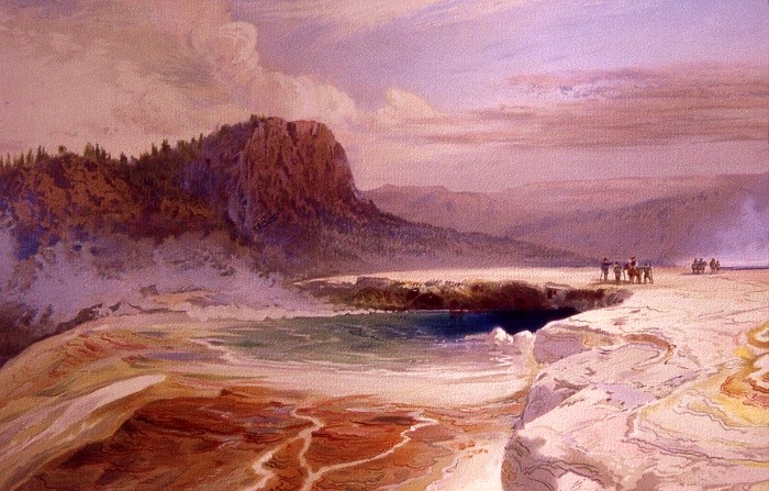 本圖為美國畫家托馬斯•莫蘭描繪黃石國家公園下間歇噴泉盆地一景